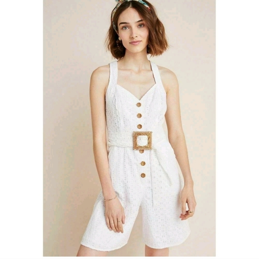 ANTHROPOLOGIE White Eyelet Sleeveless Button-Front Romper Size 6